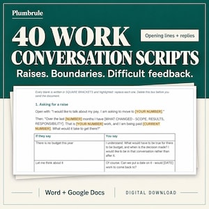 Può includere: Un documento digitale intitolato 40 Work Conversation Scripts contenente frasi di apertura e risposte per aumenti, confini e feedback difficili. Il testo include istruzioni per compilare le parentesi quadre e una tabella con le risposte.