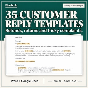 May include: A digital download containing 35 customer reply templates for refunds, returns, and complaints. The document features text in white and gold on a dark green background, including placeholders like [CUSTOMER NAME] and [SHIP DATE].