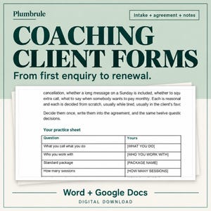 Coaching Intake Form, Client Agreement, Session Notes and Package Proposal Templates for Coaches, Pack