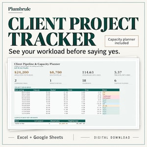 May include: A digital client project tracker spreadsheet by Plumbrule. The interface displays a Client Pipeline & Capacity Planner with data tables for booked work, weighted pipeline, hours, and project status. Includes Excel and Google Sheets compatibility.
