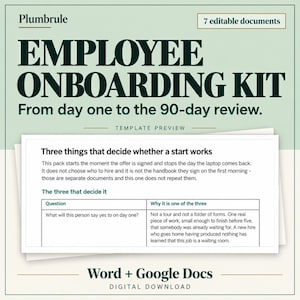 May include: An employee onboarding kit digital download template featuring the text Plumbrule, 7 editable documents, Employee Onboarding Kit, From day one to the 90-day review, Template Preview, Word + Google Docs, and a document preview snippet.
