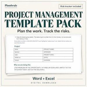 Könnte beinhalten: Ein digitales Projektmanagement-Vorlagenpaket von Plumbrule mit Risikoverfolgung. Das Dokument enthält eine Tabelle für Projektstatusberichte mit Feldern für Name, Sponsor, Leiter, Datum und Version sowie einen Bereich für Projektziele.