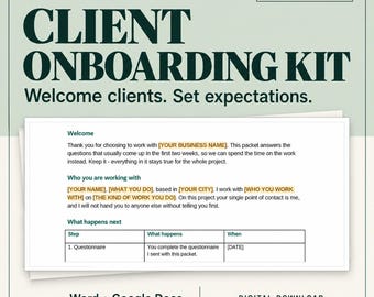 Może przedstawiać: Cyfrowy szablon zestawu do wdrażania klientów z tekstem Plumbrule, 9 editable documents, CLIENT ONBOARDING KIT, Welcome clients. Set expectations., Word + Google Docs oraz DIGITAL DOWNLOAD, zawierający przykładową stronę dokumentu.