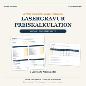 May include: A digital Excel spreadsheet template for laser engraving cost calculation and quantity comparison. The document features dark blue text on a light background, including the title LASERGRAVUR PREISKALKULATION and 3 linked worksheets.