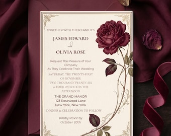 May include: A cream-colored wedding invitation card featuring a dark red rose illustration on the right side and gold filigree corners. The text reads: TOGETHER WITH THEIR FAMILIES JAMES EDWARD and OLIVIA ROSE Request The Pleasure of Your Company.