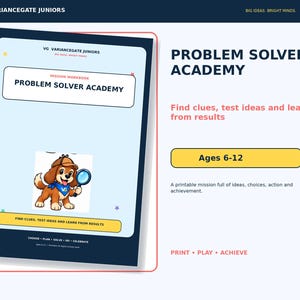 Peut inclure: Un cahier d'exercices bleu clair intitulé Problem Solver Academy avec un chien de dessin animé portant un chapeau de détective et un bandana bleu tout en tenant une loupe. La couverture inclut le texte Find clues, test ideas and learn from results.