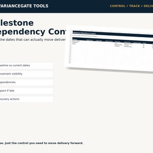 May include: A digital interface titled VG Variancegate Tools featuring a Milestone Dependency Control spreadsheet. The layout includes a list of features: Baseline vs current dates, Movement visibility, Dependencies, Impact if late, and Recovery actions.