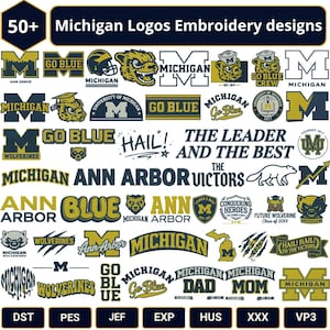 Może przedstawiać: Kolekcja ponad 50 wzorów haftów z motywem Michigan w kolorze granatowym i złotym. Grafiki obejmują logo z literą M, maskotki rosomaka, kaski do futbolu amerykańskiego oraz napisy takie jak Go Blue, Hail i The Leader and the Best.