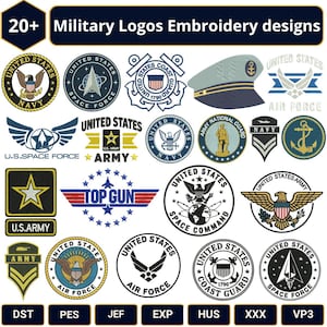 Pode incluir: Uma coleção de mais de 20 designs de bordado de logotipos militares com vários emblemas das forças armadas dos Estados Unidos, incluindo a Marinha, a Força Espacial, a Guarda Costeira, o Exército e a Força Aérea em formato de patches.