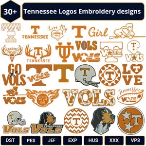 Könnte beinhalten: Eine Sammlung von über 30 orange-weißen Stickmustern mit Tennessee-Logos, darunter der Buchstabe T, Football-Helme, ein Jagdhund und der Text VOLS. Das Bild zeigt verschiedene Dateiformate wie DST, PES, JEF, EXP, HUS, XXX und VP3.