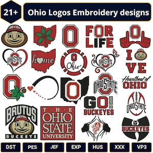 Op de afbeelding: Een verzameling van meer dan 21 borduurontwerpen met het thema Ohio State University, inclusief de mascotte Brutus, het blok O-logo, staatsomtrekken en tekst zoals Ohio State, Go Buckeyes en For Life in rood, wit, zwart en grijstinten.