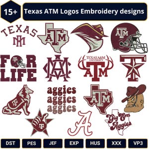 May include: A collection of 15+ Texas A&M embroidery designs in maroon and white. The graphics include the state of Texas, football helmets, a mascot, a star, and the text 'Texas ATM Logos Embroidery designs', 'FOR LIFE', 'aggies', and 'Gig Em Aggies'.