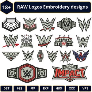 Könnte beinhalten: Eine Sammlung von RAW Logos Stickmustern mit verschiedenen Wrestling-Motiven, darunter Meisterschaftsgürtel, Arenen und stilisierte W-Logos in Rot, Schwarz, Weiß und Blau. Die Grafik enthält die Dateiformate DST, PES, JEF, EXP, HUS, XXX und VP3.