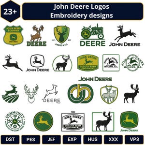 Puede incluir: Una colección de más de 23 diseños de bordado John Deere con varios logotipos, siluetas de ciervos y gráficos de tractores en verde, amarillo, negro y blanco. La imagen incluye texto como John Deere, Deere & Co y Moline, Ill, con formatos de archivo abajo.