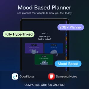 May include: A digital 2027 mood-based planner displayed on a tablet screen. The interface features the text 'How are you feeling today?' with interactive buttons labeled 'Busy Mind', 'Low Energy', and 'On Track' featuring cat illustrations. It is compatible with GoodNotes and Samsung Notes on iOS and Android.