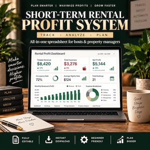 Puede incluir: Un portátil que muestra una hoja de cálculo de Rental Profit Dashboard con datos financieros, ingresos y gráficos de gastos. La pantalla muestra el texto Short-Term Rental Profit System, Track, Analyze, Plan y All-in-one spreadsheet for hosts.