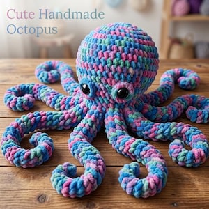 Op de afbeelding: Een handgemaakte gehaakte octopus knuffel met een gemêleerd garenpatroon in blauwe, roze en groene tinten. De octopus heeft een grote ronde kop, twee opvallende zwarte plastic ogen en acht gekrulde tentakels. Tekst: Cute Handmade Octopus.