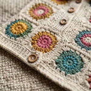 Op de afbeelding: Een gehaakt vest met een vierkant patroon en cirkelvormige motieven in roze, geel en blauwgroen. Het kledingstuk is gemaakt van gebroken wit garen en heeft een verticale rij kleine, ronde, bruine houten knopen aan de voorzijde.