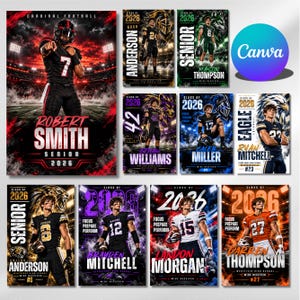 May include: A collection of digital sports posters featuring high school football players in various team uniforms. Each poster displays the athlete's name, the class year 2026, and team-specific graphics like eagles, jaguars, and ravens.