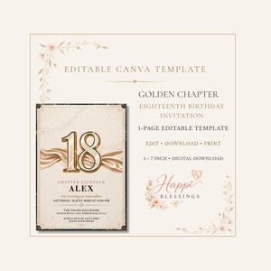 Editable Unisex 18th Birthday Invitation, Golden Chapter Canva Template, 5x7 Digital Download