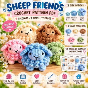 Puede incluir: Un patrón de ganchillo digital en PDF titulado Sheep Friends que incluye instrucciones para cinco colores y tres tamaños de ovejas de peluche. La imagen muestra cuatro ovejas tejidas terminadas en crema, marrón, rosa y azul, junto a páginas de instrucciones.