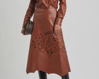Cut-Out Embroidered Leather Midi Skirt With Jacket
