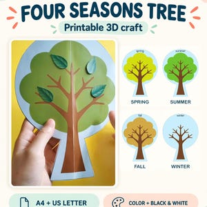 May include: A printable 3D craft titled Playful Bloom Four Seasons Tree. The image displays a paper tree with green leaves and four circular tree icons labeled Spring, Summer, Fall, and Winter. It includes A4 and US Letter size options.
