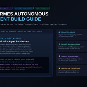 May include: A digital document titled Hermes Autonomous Agent Build Guide featuring a system topology and cockpit for production agent architecture. It includes sections for an editorial typist guide, runnable companion code, a cognitive dreaming vault, and a large-format vector poster with technical text and software development modules.