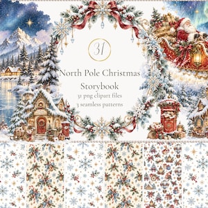 Op de afbeelding: Een digitale collectie getiteld North Pole Christmas Storybook met 31 png-clipartbestanden en 3 naadloze patronen. De afbeeldingen tonen een besneeuwd landschap met een berg, een meer, huizen en de Kerstman in een arrenslee.