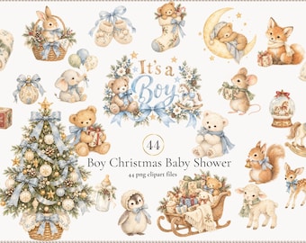Kerstthema babyshower jongen: aquarel clipart, winterdieren, babykamerdecoratie (44 PNG's)