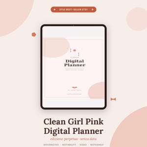 Può includere: Un tablet che mostra un'interfaccia di agenda digitale su sfondo rosa chiaro, con il testo Digital Planner, una piccola icona a forma di fiore e un grafico a fiocco. Lo schermo include un bordo sottile ed elementi di layout minimalisti in marrone scuro.