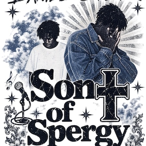 May include: A white graphic t-shirt featuring the text Daniel Caesar and Son of Spergy in black lettering. The design includes two images of a person, a microphone on a stand, a large cross, star icons, and floral patterns in black and blue.
