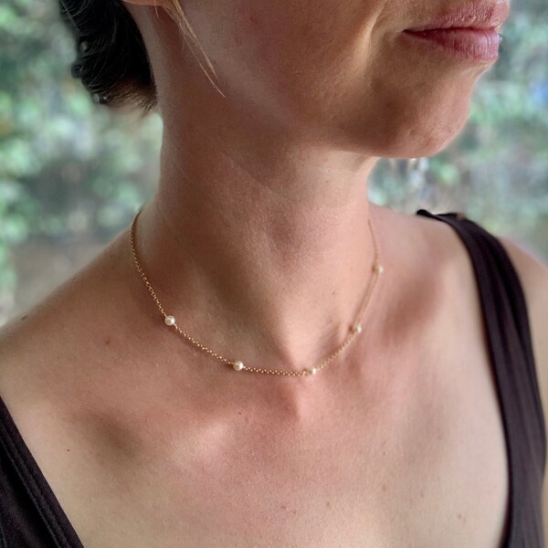 Floating pearl necklace, satellite chain, beaded pearl choker, dainty pearl and chain necklace