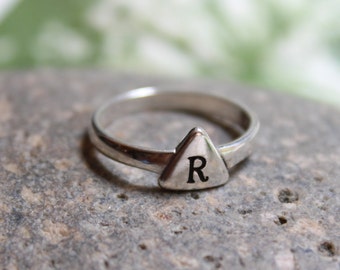 Sterling silver initial ring, signet ring with triangle pad