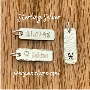 Tiny bar charm, personalized initial bar, name bar, date, sterling silver tiny rectangle - 18x6mm