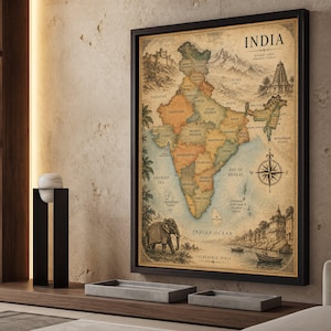 以下が含まれることがあります： インドのヴィンテージ風地図が額装されており、落ち着いたアースカラーで州名が記され、山、寺院、象、ボートのイラストが描かれています。テキストには「INDIA」「DIVERSE LANDS TIMELESS STORIES」「INCREDIBLE INDIA」と方位磁石が記されています。