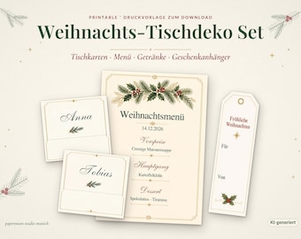 Weihnachts-Tischdeko Set zum Ausdrucken | Tischkarten, Menükarte, Getränkekarte & Geschenkanhänger | Canva Vorlage | Deutsch
