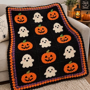 May include: A black crochet blanket featuring a grid of alternating squares with orange jack-o'-lanterns and white ghosts. The blanket has a decorative border in orange, black, and purple, with each square showcasing a detailed Halloween motif.
