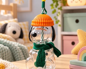 Glass Snoopy Tumbler Cup With Straw, Cute Clear Puppy Shaped Drink Cup, Orange Hat Lid, Green Scarf Cup, Kawaii Snoopy Gift for Kids
