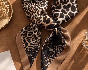 Leopard Print Silk-Feel Scarf, Small Square Bandana, Versatile Hair Wrap