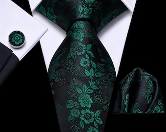 Dark Green Gold Floral Silk Tie Set, Men's Formal Wedding Accessory (3-Piece)
