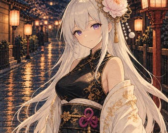 Könnte beinhalten: Eine Figur mit langem weißem Haar und violetten Augen trägt ein ärmelloses schwarzes Kleid mit goldenen Blumenmustern, einen breiten schwarzen Obi-Gürtel mit violettem Knoten und ein weißes Übergewand mit Goldstickerei, verziert mit einer großen rosa Blume.