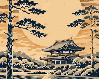 Könnte beinhalten: Ein grafischer Kunstdruck, der einen traditionellen japanischen Tempel zwischen Kiefern unter einem großen, blassgelben Vollmond zeigt. Die Szene umfasst ein ruhiges Gewässer mit konzentrischen Wellen im Vordergrund, dargestellt in Marineblau, Creme und gedämpften Orangetönen.