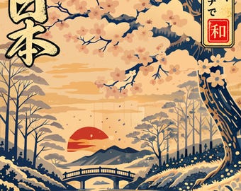 Könnte beinhalten: Ein Plakat mit dem Titel NIPPON ARTWORKS JAPAN BEAUTY IN A NEW LIGHT, das eine Landschaft mit einer Brücke über einen Fluss, Kirschblütenbäumen und einer roten Sonne zeigt. Der Text enthält japanische Schriftzeichen und den Buchstaben N.