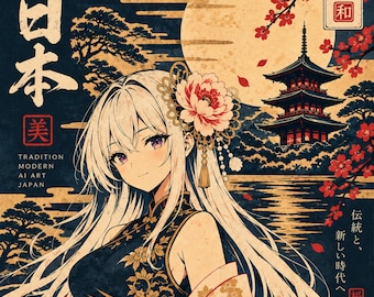 Könnte beinhalten: Ein Plakat mit dem Titel NIPPON ARTWORKS zeigt eine langhaarige Figur in einem dunklen, floral gemusterten Kleidungsstück mit einem rot-goldenen Obi. Der Hintergrund zeigt einen großen Mond, eine Pagode und Kirschblüten mit japanischem Text.