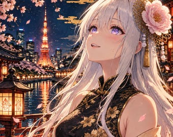 Könnte beinhalten: Eine Anime-Illustration einer Figur mit langem weißem Haar und violetten Augen, die ein ärmelloses schwarzes Kleid mit goldenen Blumenmustern, ein rot-weiß gemustertes Überkleid und ein großes rosa Blumen-Haaraccessoire trägt.