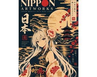 Könnte beinhalten: Ein vertikales Poster mit dem Titel NIPPON ARTWORKS, das eine langhaarige Figur in einem dunklen Blumen-Kimono zeigt. Der Hintergrund zeigt einen großen Mond, eine Pagode und Kirschblüten in Rot, Schwarz und Creme. Japanischer Text ist vorhanden.