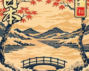 Könnte beinhalten: Ein Poster mit dem Titel NIPPON ARTWORKS JAPAN BEAUTY IN A NEW LIGHT, das eine Landschaft mit einem Steinpfad, einer Brücke, Bergen und roten Ahornblättern zeigt. Der Text enthält japanische Schriftzeichen und einen roten Kreis. Beige, blaue und rote Farben.