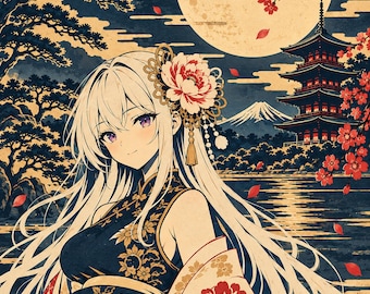 Könnte beinhalten: Eine digitale Illustration einer Figur mit langem weißem Haar und violetten Augen, die ein dunkelblaues Kleid mit goldenen Blumenmustern und ein rot-weißes Blumen-Haaraccessoire trägt, vor dem Hintergrund eines Vollmonds, einer Pagode und des Berges Fuji.