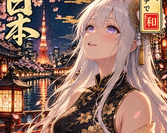 Könnte beinhalten: Eine digitale Illustration mit einer Figur mit langem weißem Haar, die ein schwarz-goldenes Blumenkleid mit einem rot-weiß gemusterten Schal trägt. Der Hintergrund zeigt eine nächtliche Stadtlandschaft mit einem Turm und Kirschblüten.